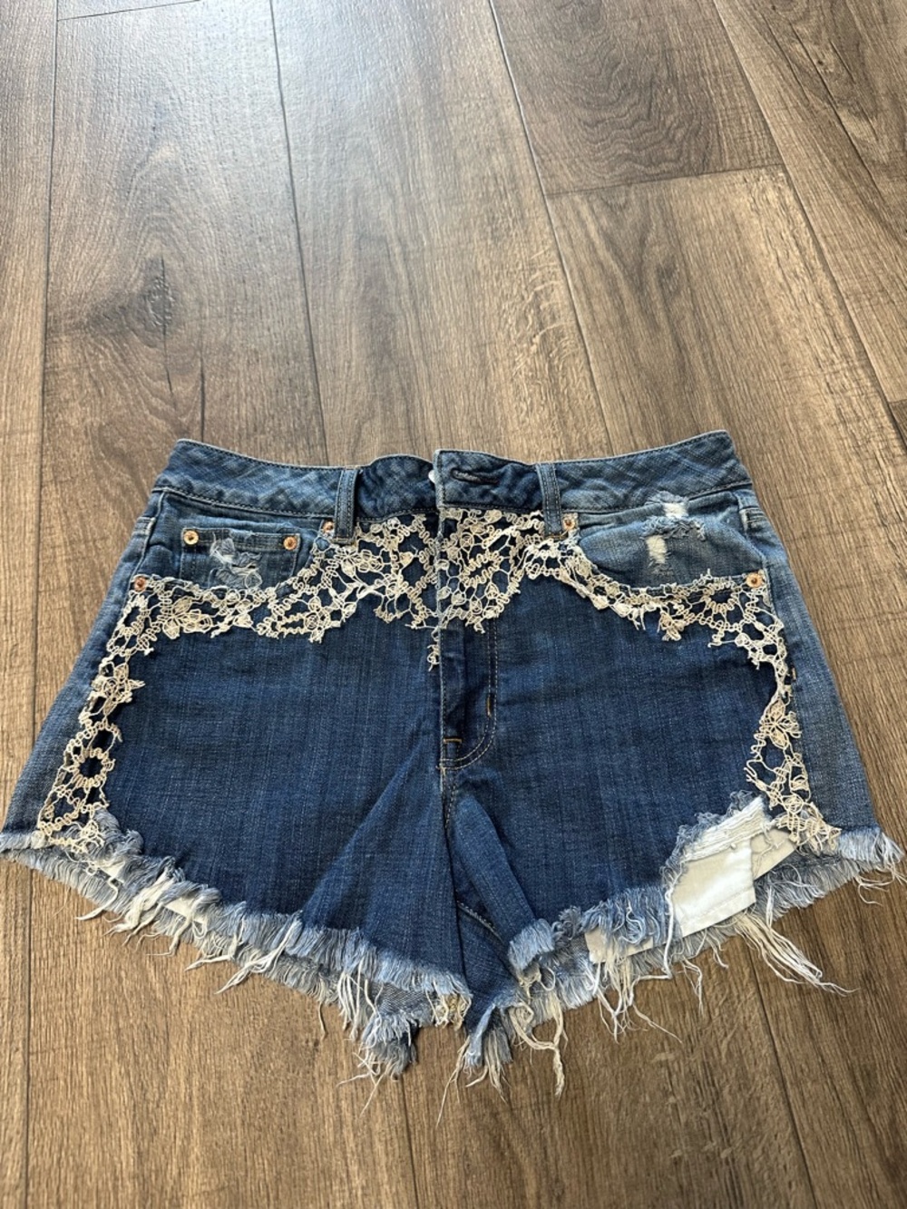 American Eagle Outfitters Dark Blue Denim Shorts with Cream Lace Trim